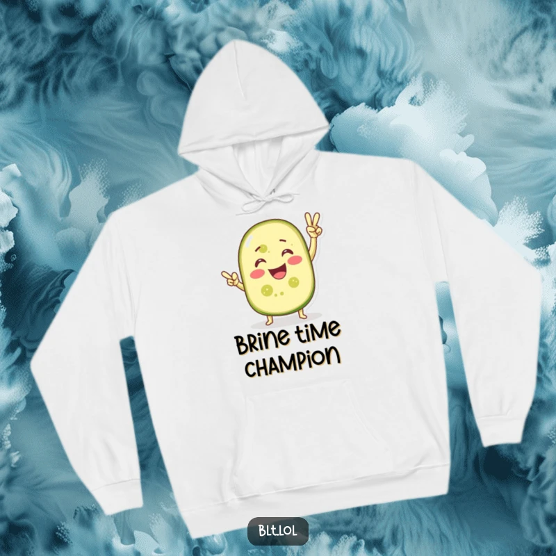 Funny hoodie featuring a smiling pickle slice in a strong victory pose, offering warmth and a humorous winning spirit.