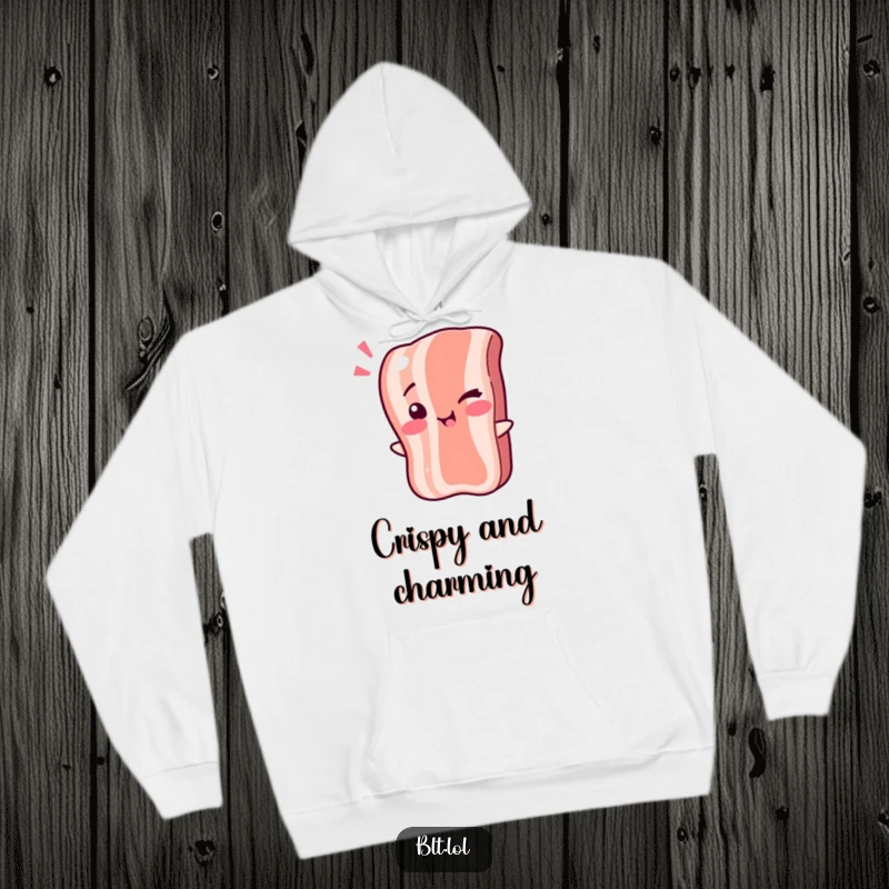 Funny Hoodie: A bacon strip character winking playfully, perfect for cozy days. Ideal funny gift for comfort.
