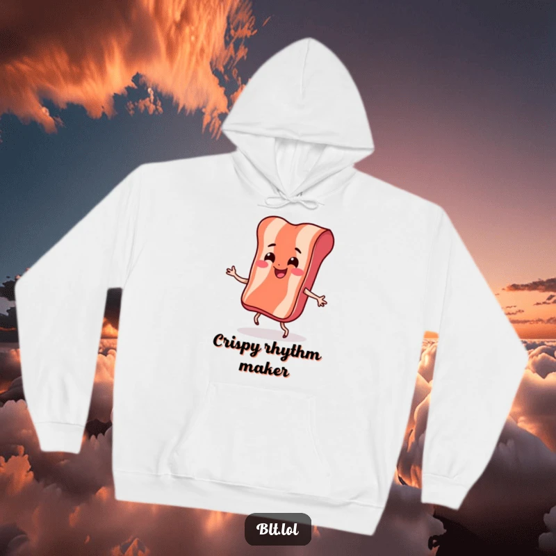 Funny Hoodie featuring a smiling bacon strip with tiny legs doing a bouncy dance, full of energetic breakfast fun.