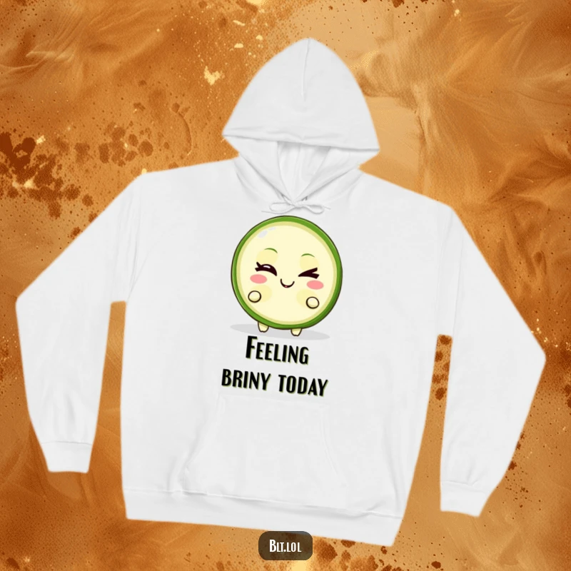 Funny Hoodie showcasing a winking pickle slice character with a mischievous grin, a warm and humorous food apparel.