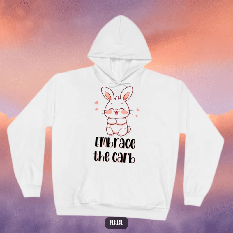 Funny enthusiastic bun character giving a comforting hug on a soft, cozy hoodie, radiating warmth and love.