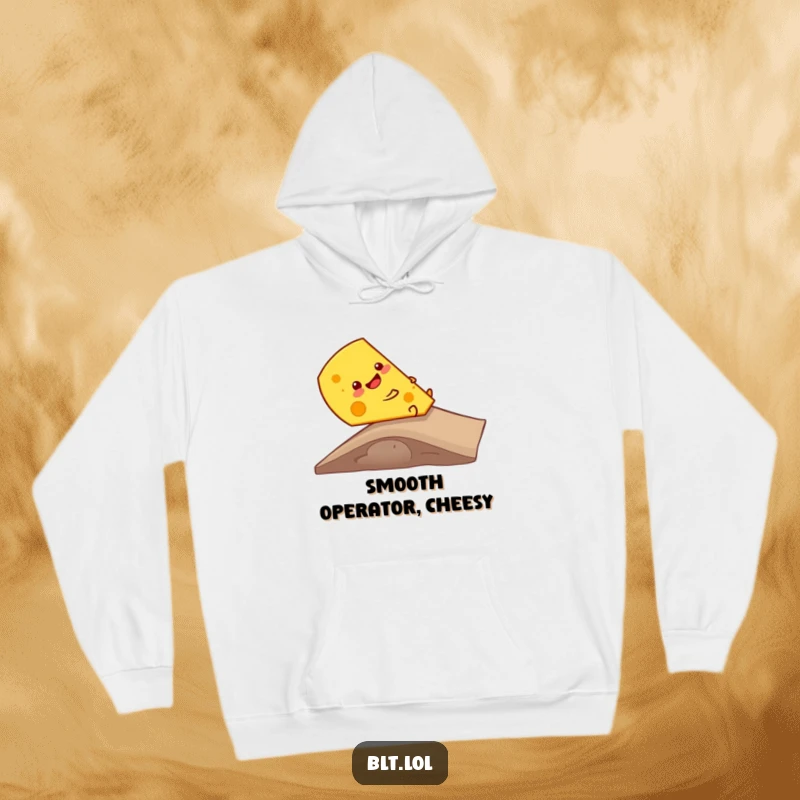 Funny giggling cheese slice sliding down a ramp, exuding comfort and humor, this hoodie is a delightful cozy wear.