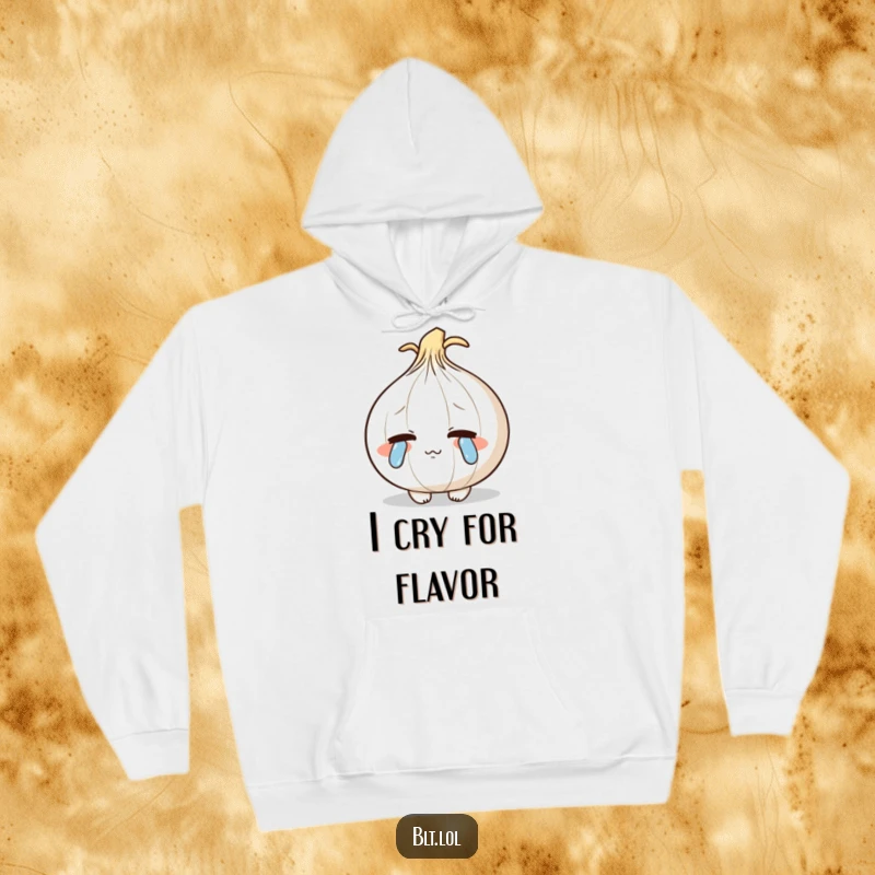 Funny shy anthropomorphic onion blushing and crying cartoon tears, a warm and humorous hoodie.