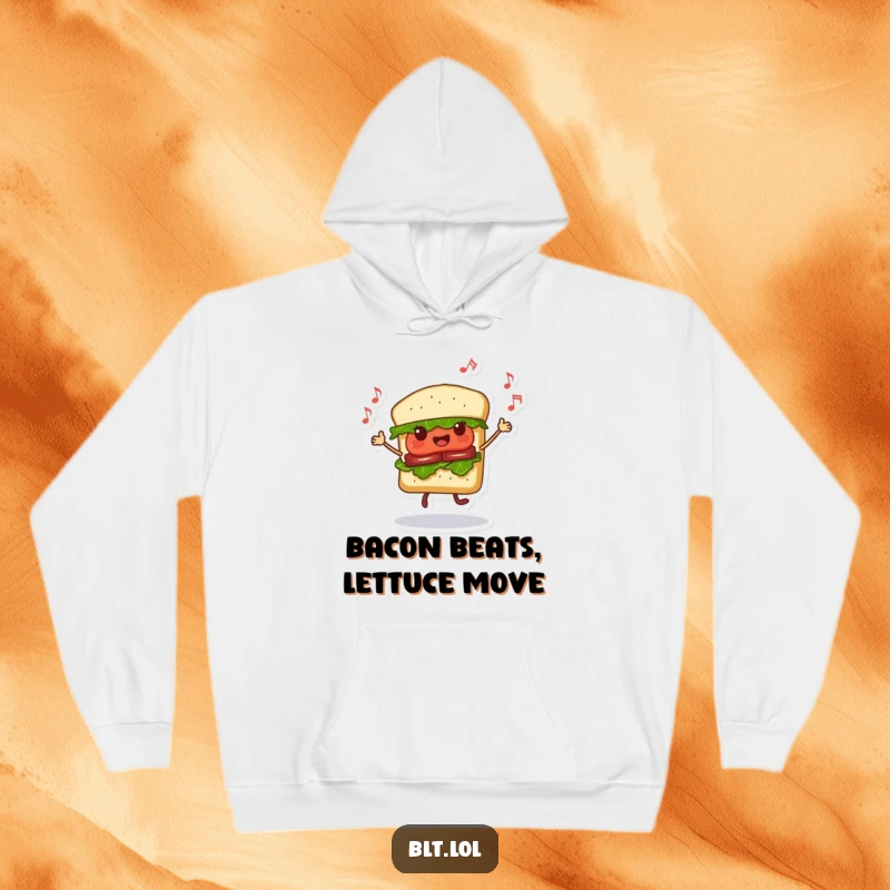 Funny Dancing BLT Sandwich Hoodie, a cheerful sandwich character dancing with musical notes, warm and snuggly, great gift.