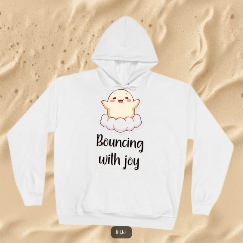 Funny cheerful Kawaii dumpling character bouncing on a cloud, featured on a soft hoodie, perfect for lounging.