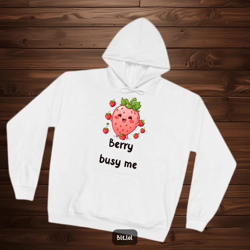 Funny giggling Kawaii strawberry character juggling berries on a soft hoodie, perfect for staying warm and happy.
