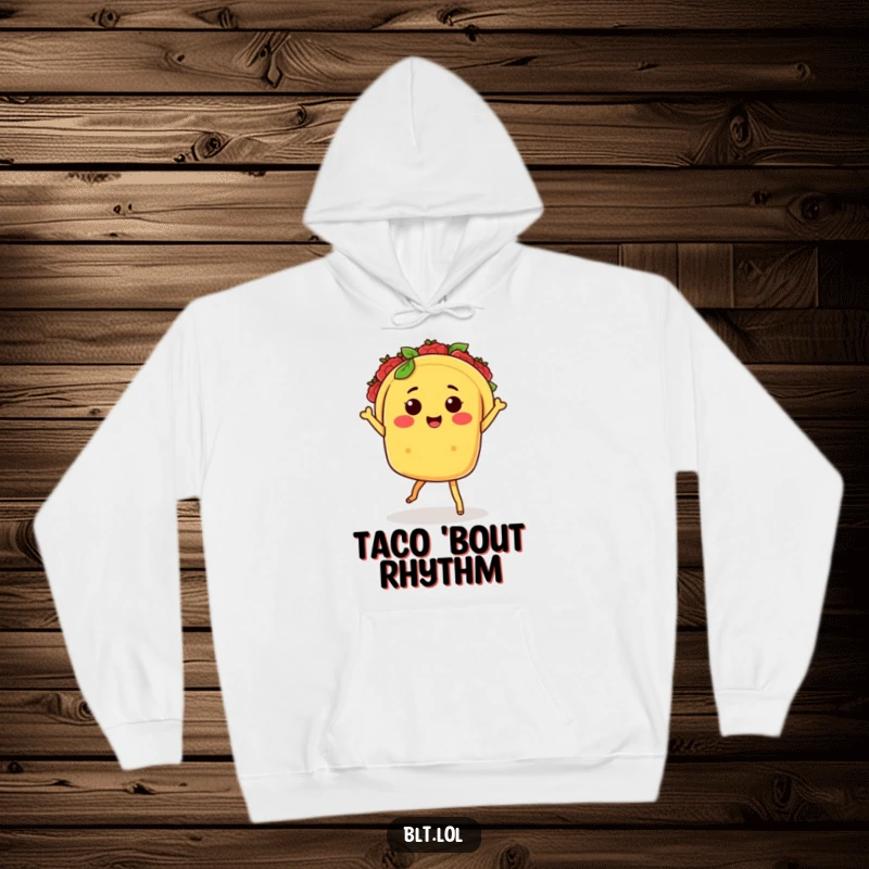 Funny Kawaii taco character with tiny legs in a salsa dance pose, featured on a warm hoodie, great for gifting.