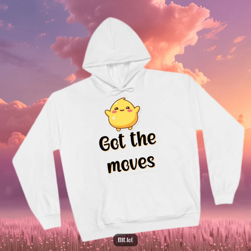Funny Hoodie showcasing a playful mustard blob character doing a silly wiggle, a warm and humorous food apparel.