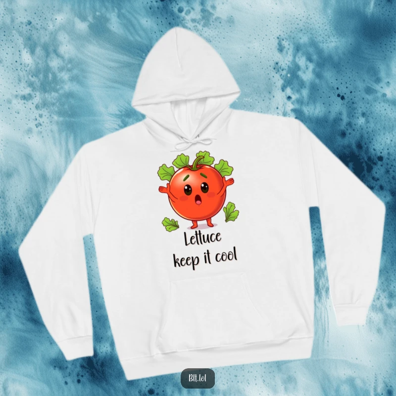 Funny surprised tomato juggling lettuce leaves, exuding warmth and humor, this hoodie is a delightful cozy wear.
