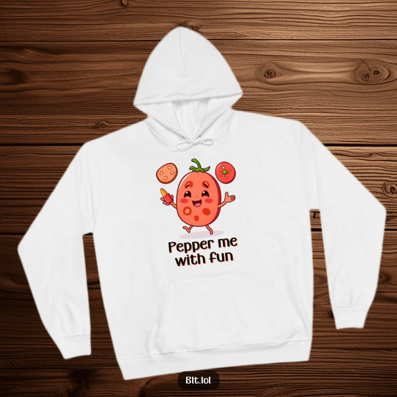 Funny Tomato Juggling Hoodie: A joyful tomato slice character is juggling pepper slices, offering warmth and comical kitchen flair.