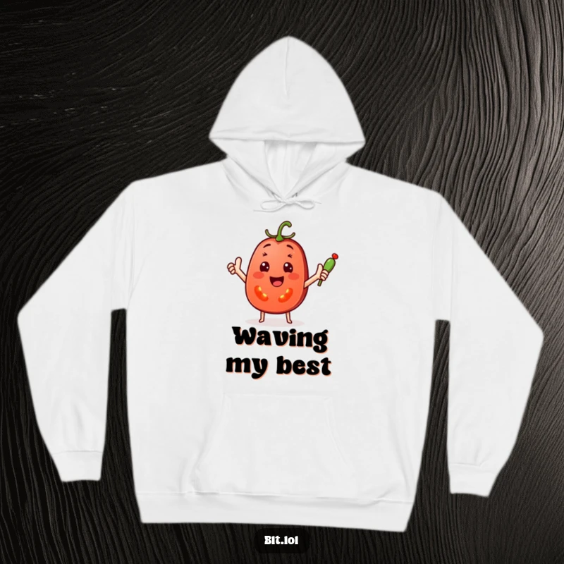 Funny Hoodie featuring a cheerful tomato slice with arms wide, enthusiastically waving a tiny pickle spear, full of warmth.
