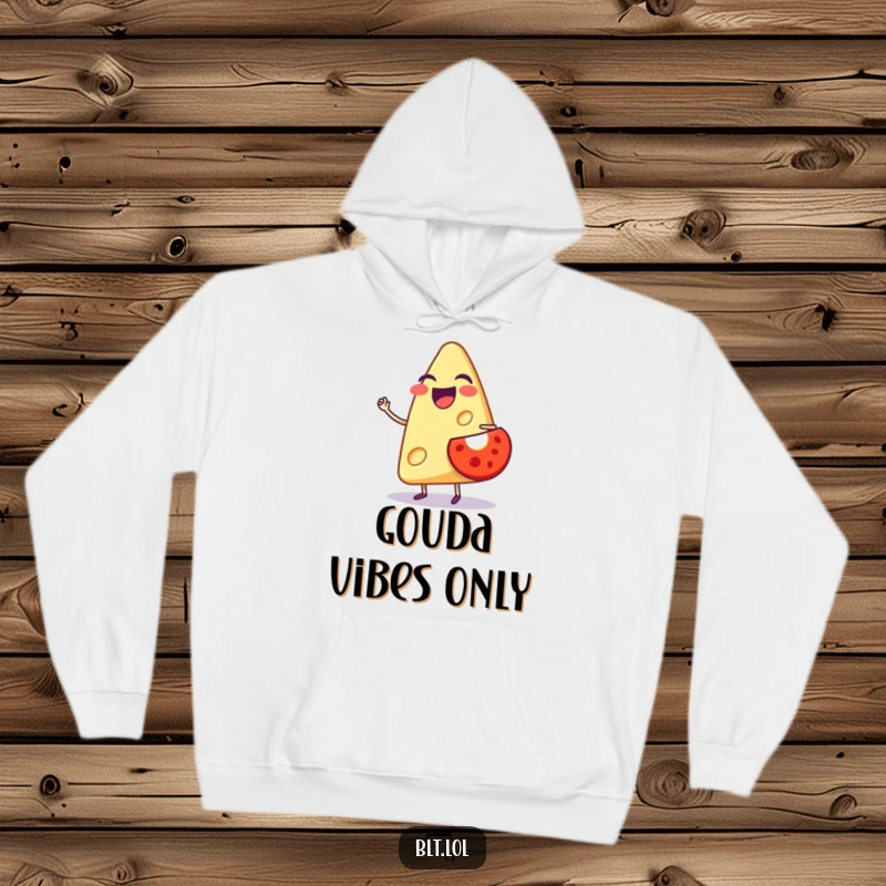 Funny hoodie with a laughing anthropomorphic cheese slice balancing a tiny tomato, offering warm, cheesy humor.