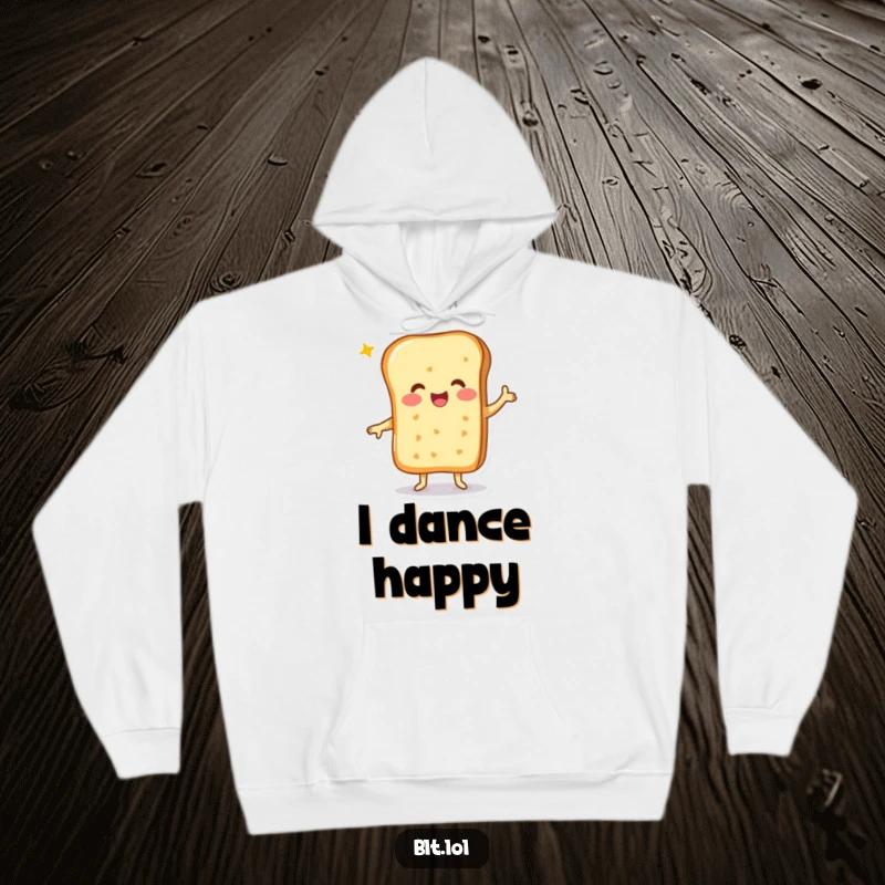 Funny cheesy bread character in a happy dance pose, depicted on a cozy and cheerful hoodie.