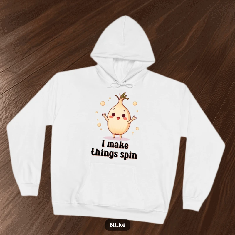 Funny playful onion ring juggling tiny circles on a hoodie, offering cozy comfort and playful humor for a funny gift.