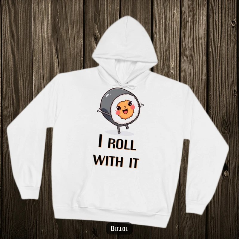 Funny smiling Kawaii sushi roll character doing a cartwheel on a cozy hoodie, perfect for cold days.