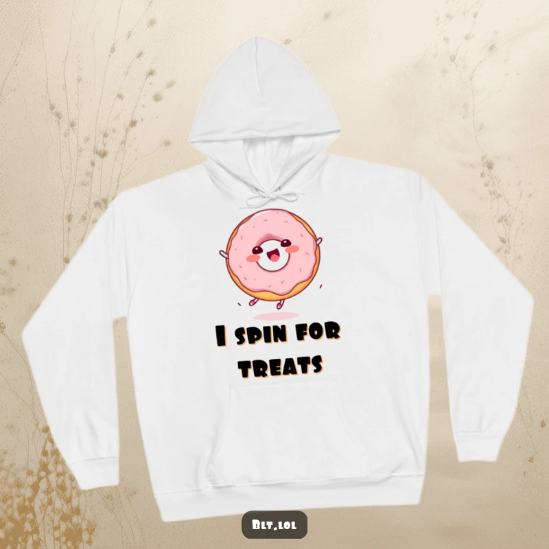 Funny delighted Kawaii donut character spinning on a soft hoodie, perfect for staying warm and cozy.