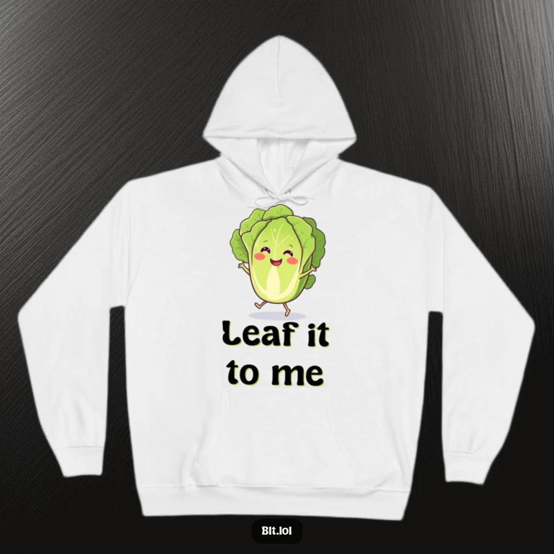 Funny Hoodie showcasing a happy anthropomorphic lettuce slice with little legs performing a lively, joyful jig.