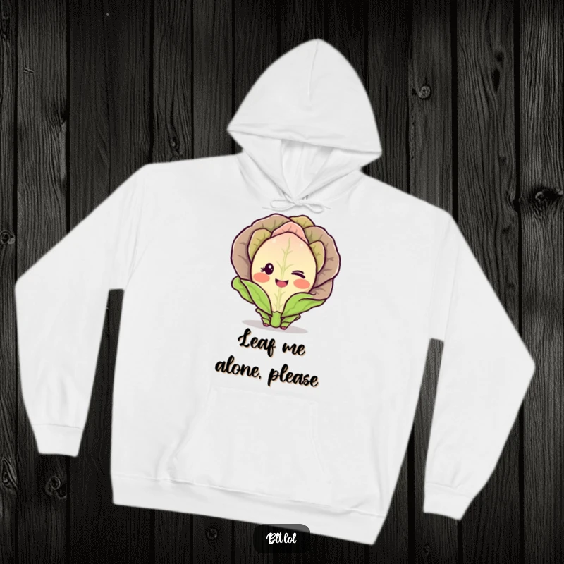 Funny Hoodie showcasing a blushing lettuce character winking shyly, a warm and humorous vegetable apparel.