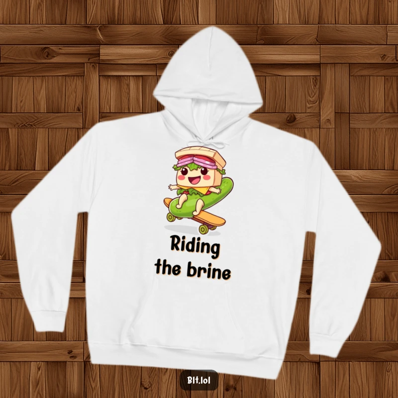 Funny Riding BLT Sandwich Hoodie: A warm hoodie showcasing a BLT sandwich riding a giant pickle like a skateboard, with a cool vibe.
