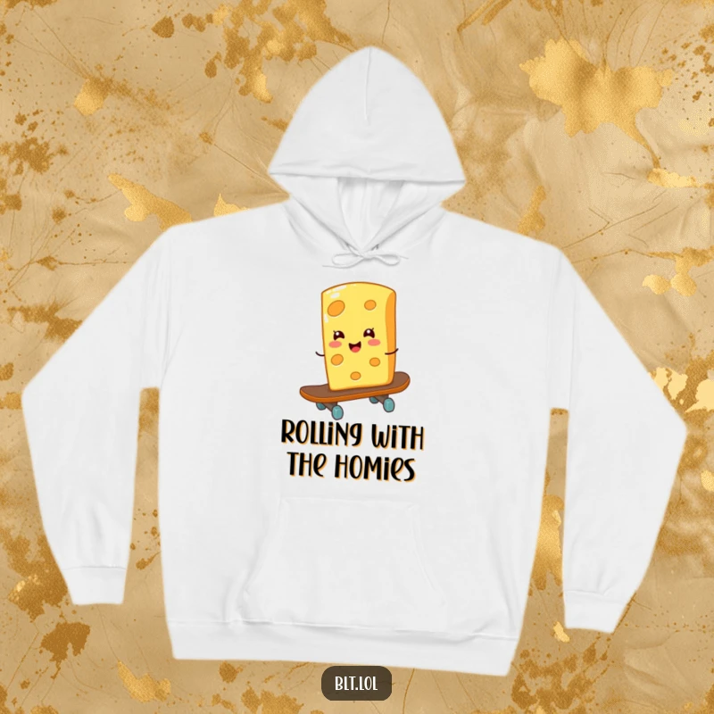 Funny giggling cheese slice on a skateboard on a hoodie, combining warmth with rad, cheesy humor for a funny gift.