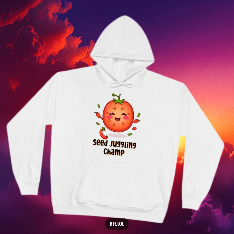 Funny tomato slice gleefully juggling pepper seeds, depicted on a warm, snuggly hoodie, radiating pure joy.