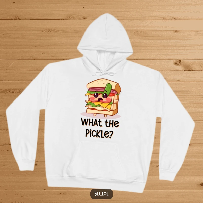 Funny hoodie featuring a startled BLT sandwich bracing for impact from a falling pickle, offering warmth and humor.