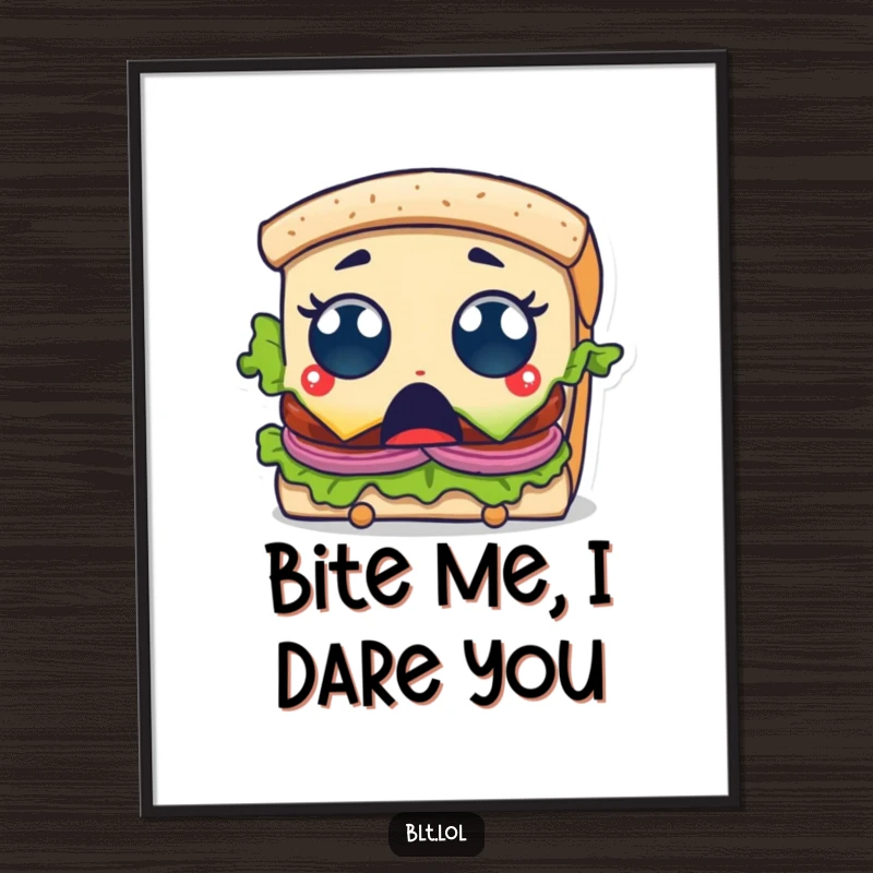 Funny Free Printable BLT Sandwich Art: Surprised character with wide eyes, getting a bite taken, cool kitchen decor.