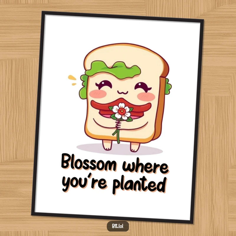 Funny Free Printable BLT Sandwich Art: Bashful character blushing with flowers, holding a bouquet, charming wall art.