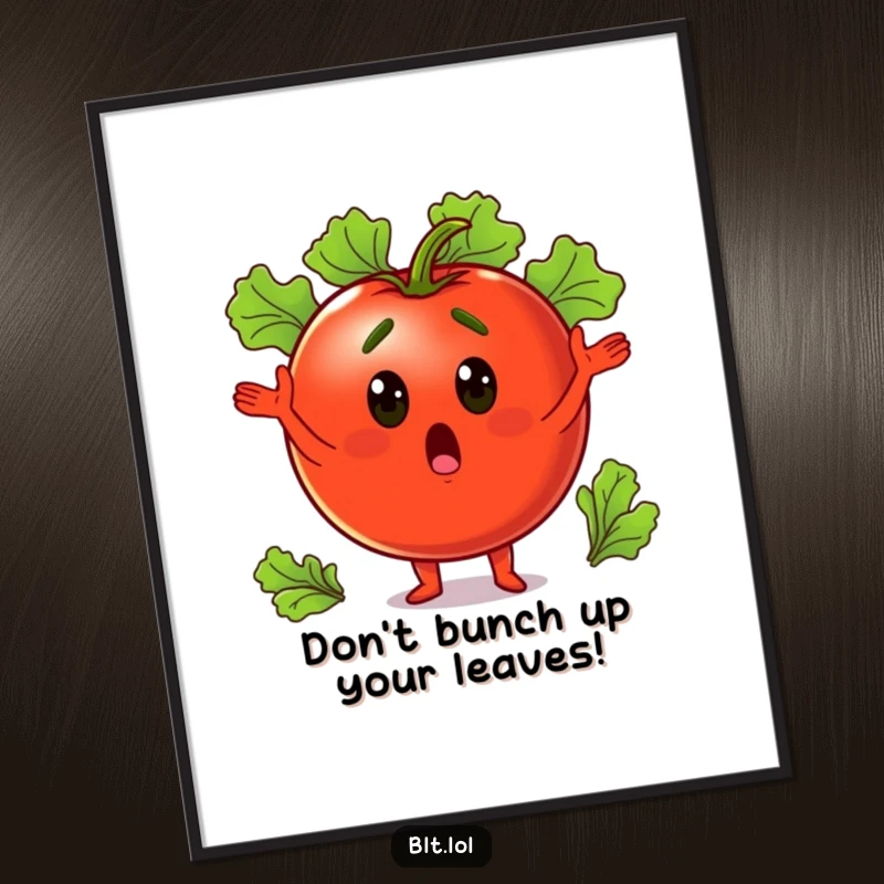 Funny Free Printable tomato surprised while juggling lettuce leaves, vibrant and eye-catching wall art.