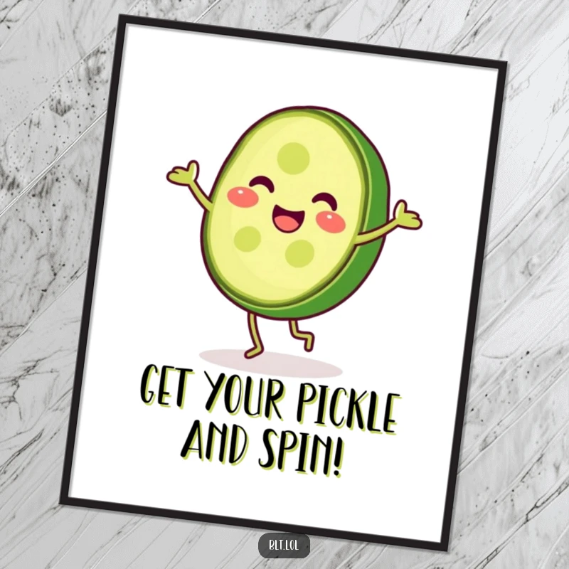 Funny Free Printable pickle slice doing a cartwheel, surrounded by playful motion lines, vibrant wall art.