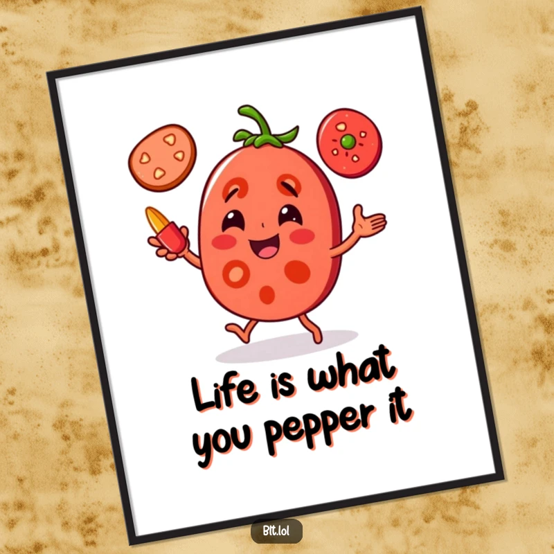 Funny Free Printable joyful tomato slice character juggling pepper slices, adding vibrant and humorous art.