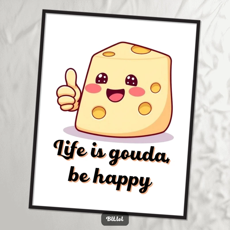 Funny Free Printable wall art: A happy cheese slice with a wide grin giving a positive thumbs up, radiating cheer.