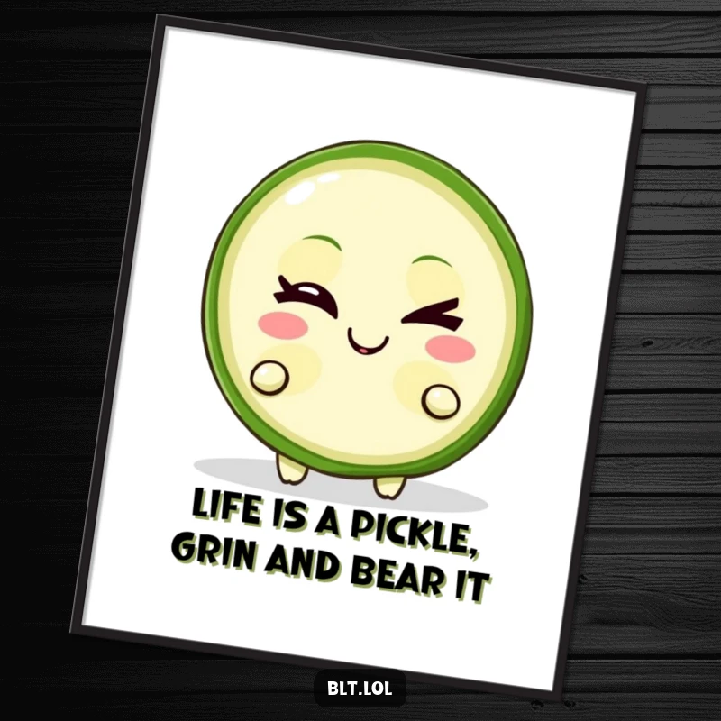 Funny Free Printable Wall Art of a pickle slice character winking mischievously with a wide, cheeky grin.