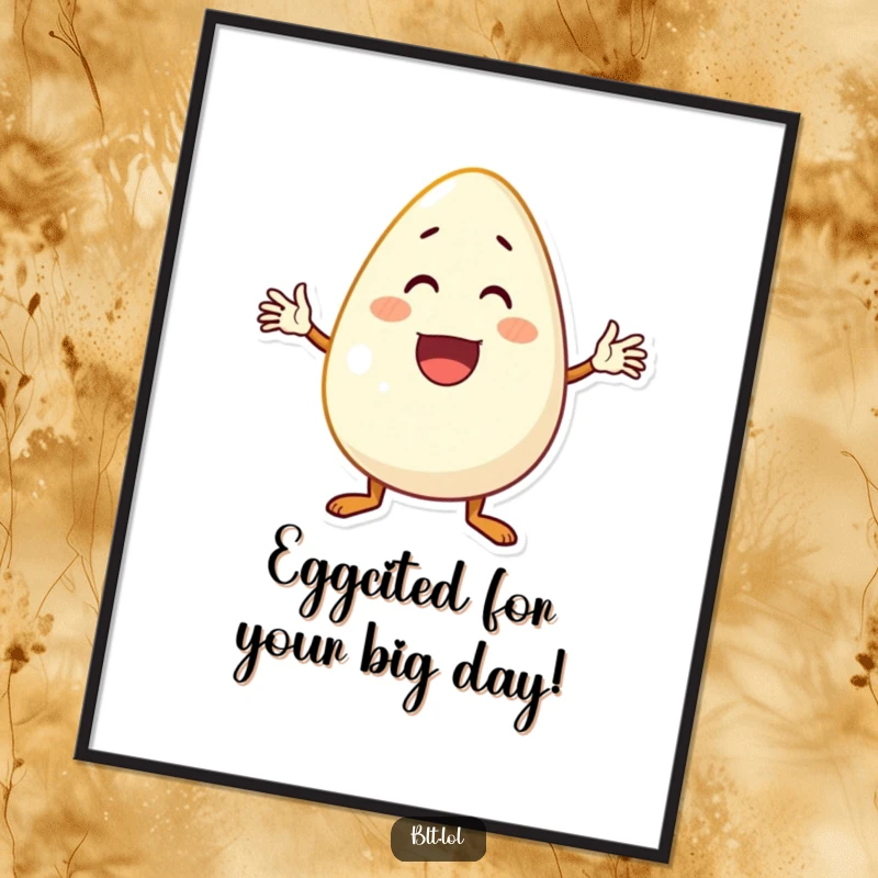 Funny Free Printable Wall Art: An excited anthropomorphic egg waving enthusiastically. Cheerful downloadable decor.