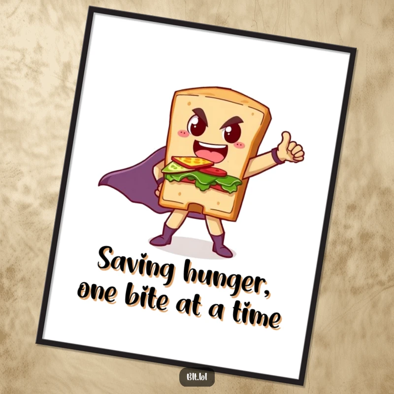 Funny Free Printable BLT Sandwich Wall Art: A BLT character striking a powerful superhero pose, adding a touch of heroic humor to any room.