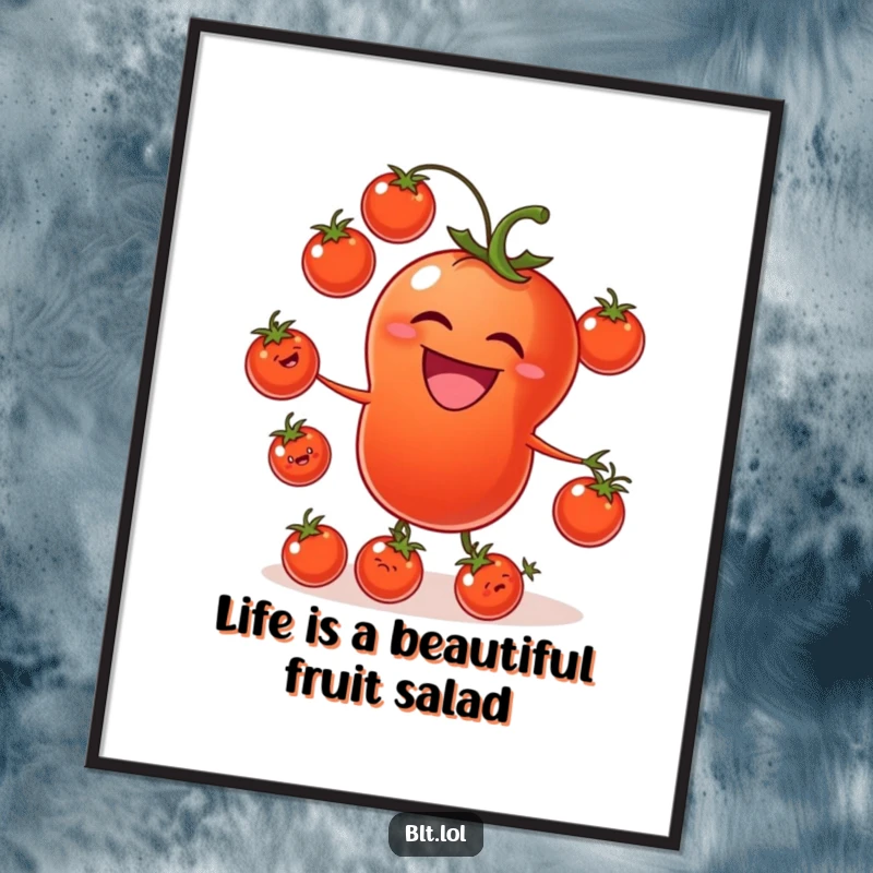 Funny Free Printable Tomato Juggling Wall Art, a laughing tomato juggling smaller tomatoes, ideal for humorous and vibrant decor.