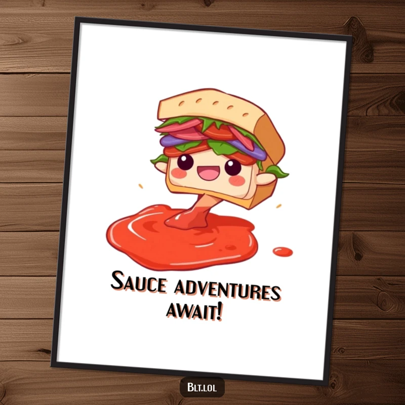 Funny Free Printable Wall Art: A BLT sandwich character joyfully diving headfirst into a pool of imaginary sauce, printed for humorous decor.