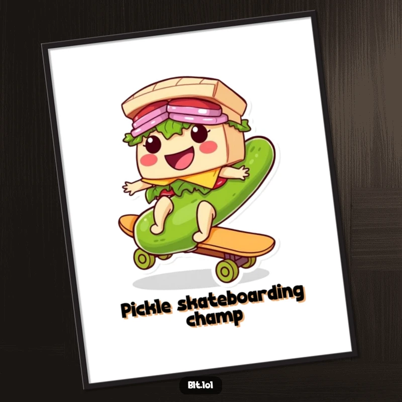Funny Free Printable Wall Art: A smiling BLT sandwich character confidently riding a giant pickle like a skateboard, printed for unique, cool decor.