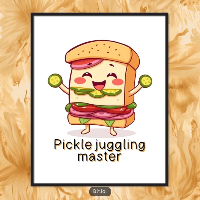 Funny Free Printable Wall Art: A joyous BLT sandwich character juggling pickle slices with a massive grin, printed to add cheer to decor.