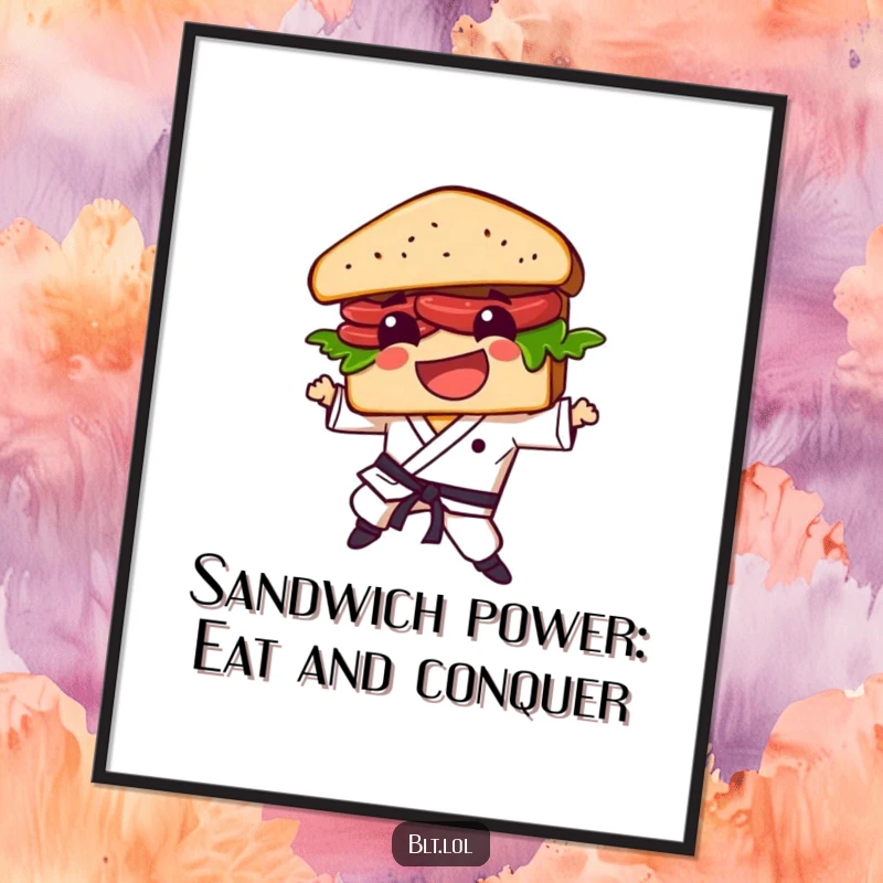 Free Printable Wall Art: A humorous illustration of a BLT sandwich character executing a powerful karate kick, ready for action.