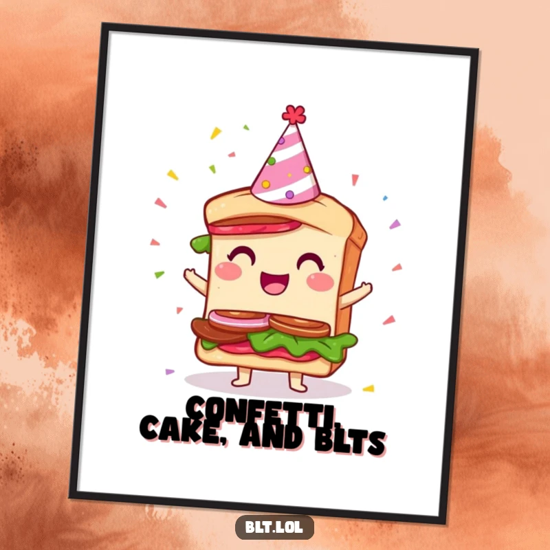 Funny Free Printable Wall Art: A giddy BLT sandwich character wearing a party hat, with confetti falling around them, printed for festive decor.