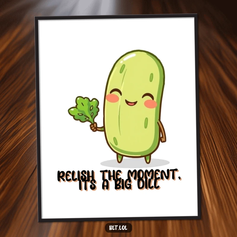 Funny Free Printable Wall Art: A smiling anthropomorphic pickle winking, holding a lettuce leaf, perfect for quirky home decor.