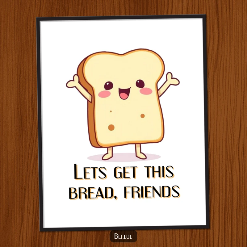 Funny Free Printable Wall Art: A joyful anthropomorphic bread slice with arms in the air, ideal for happy home decor.