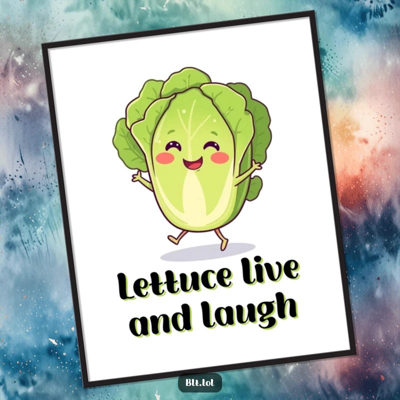 Funny Free Printable Wall Art featuring a smiling lettuce slice with tiny feet doing a joyful jig, adding quirky charm.
