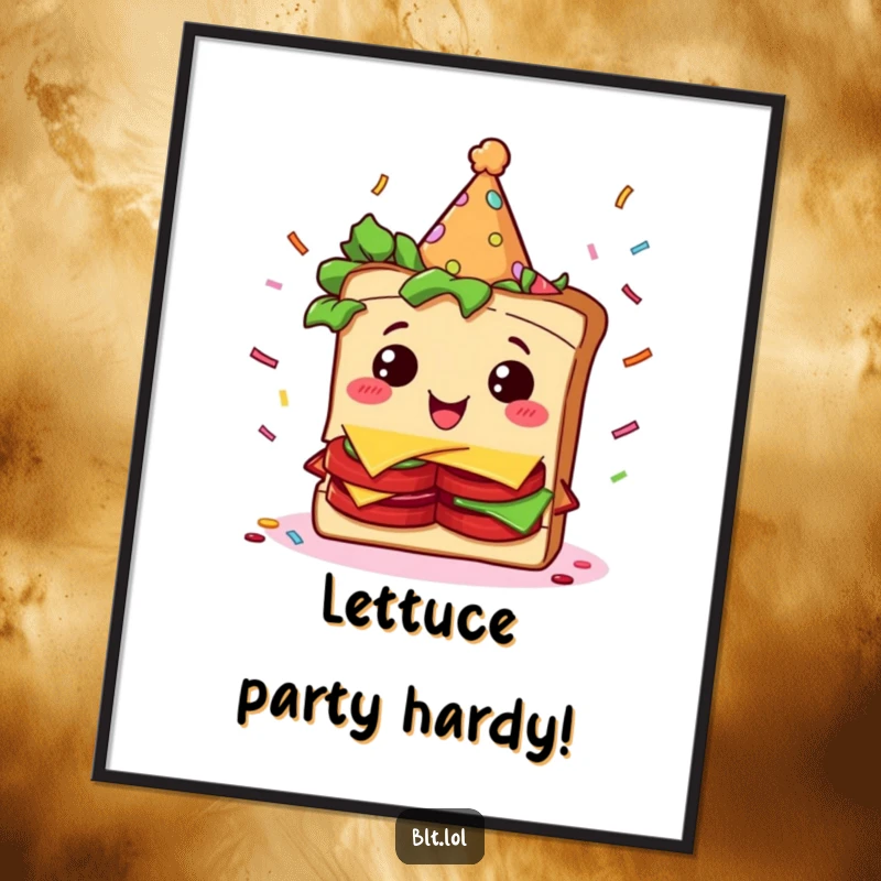 Funny Free Printable Wall Art: A giddy BLT sandwich character in a party hat, happily surrounded by falling confetti.