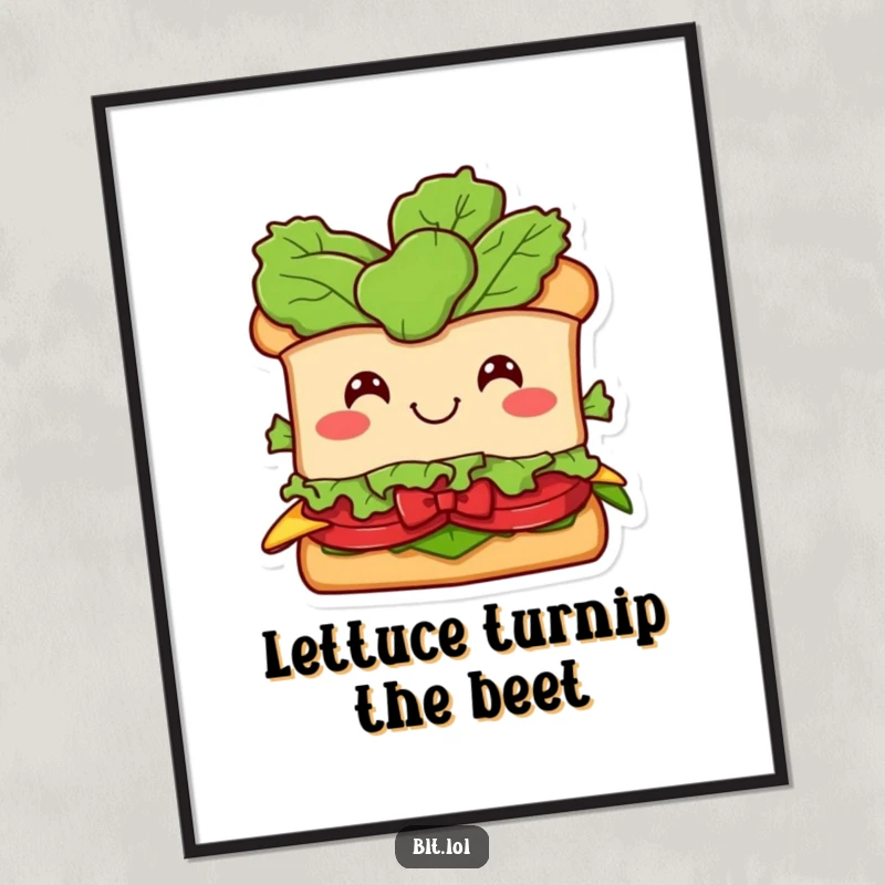 Funny Free Printable BLT sandwich wall art, a smiling character with a lettuce bow, adding quirky decor to any room.