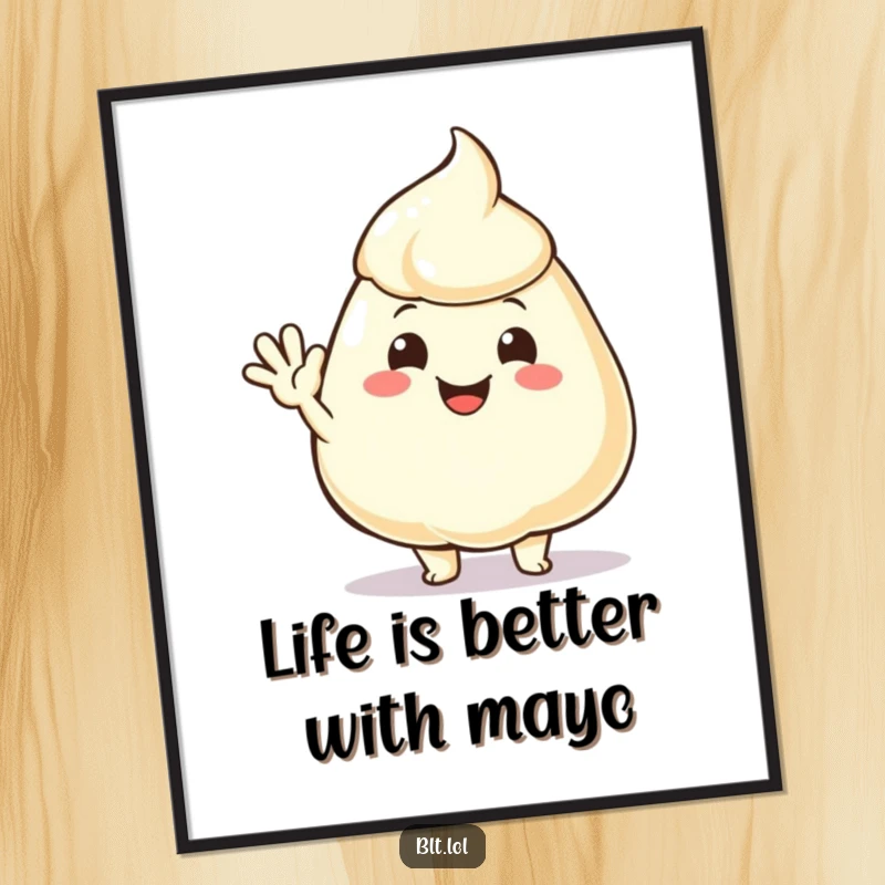 Funny Free Printable Wall Art: A cute, smiling mayonnaise dollop giving a friendly wave, adding a quirky and cheerful touch to decor.