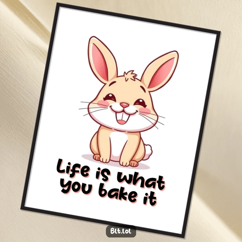 Funny Free Printable wall art: A cheerful anthropomorphic bun with a huge, infectious grin, radiating happiness and fun.