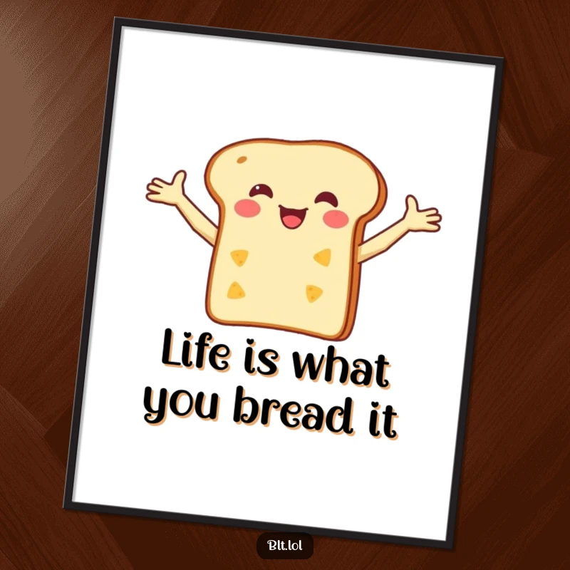 Funny Free Printable Wall Art: a happy bread slice balancing a tiny cheese slice, adding quirky charm.