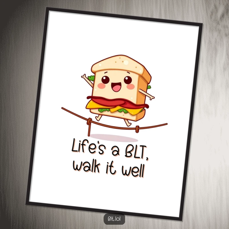 Funny Free Printable wall art: A wobbly BLT sandwich bravely walking a tightrope, defying gravity with a silly expression.